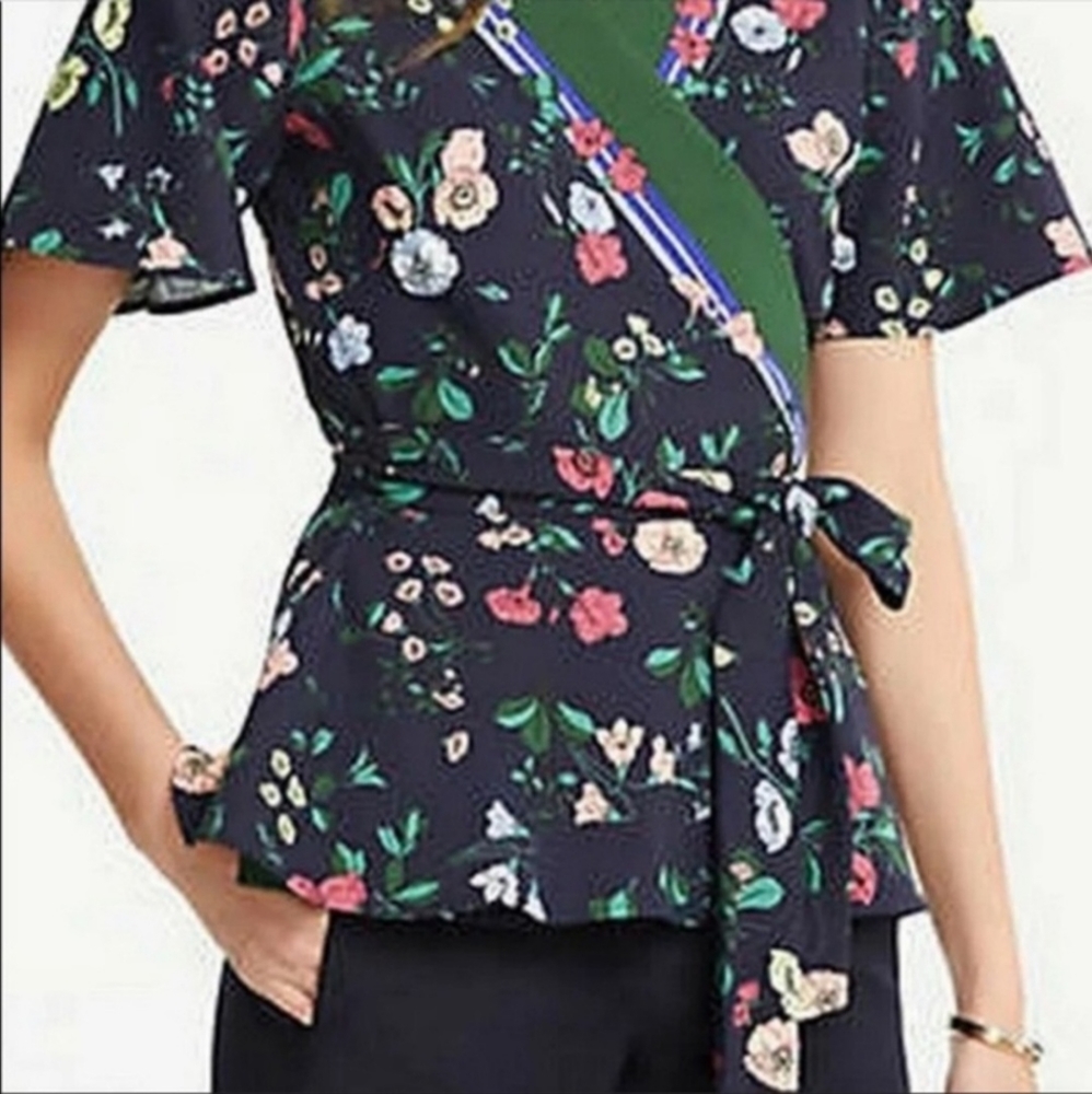 Ann Taylor Petite Navy Floral Tie Wrap Peplum Blouse with Bell Sleeve